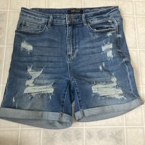 Judy Blue Shorts Large Blue Ripped Distressed Cuffed Denim Stretch JB150024